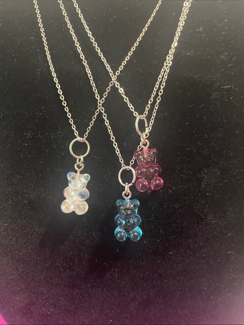 Silver Chain Gummy Bear Pendant Necklace - Pink, Blue, White pick one